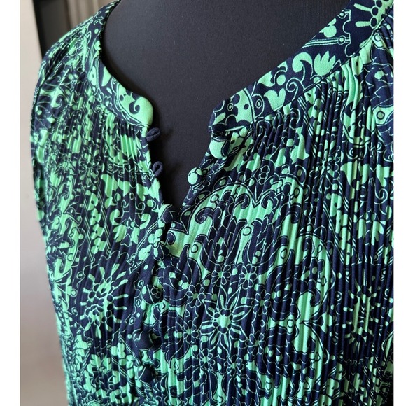 LOFT Women's Green Navy Floral Print Long Sleeve Pleated V-Neck‎ Dress Medium - Picture 3 of 5
